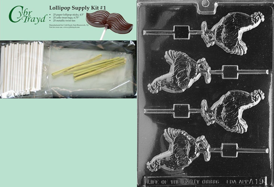 Cybrtrayd 45StK25G-A019 Gallo Lolly Animal Chocolate Candy Molde con kit de suministro de Lollipop