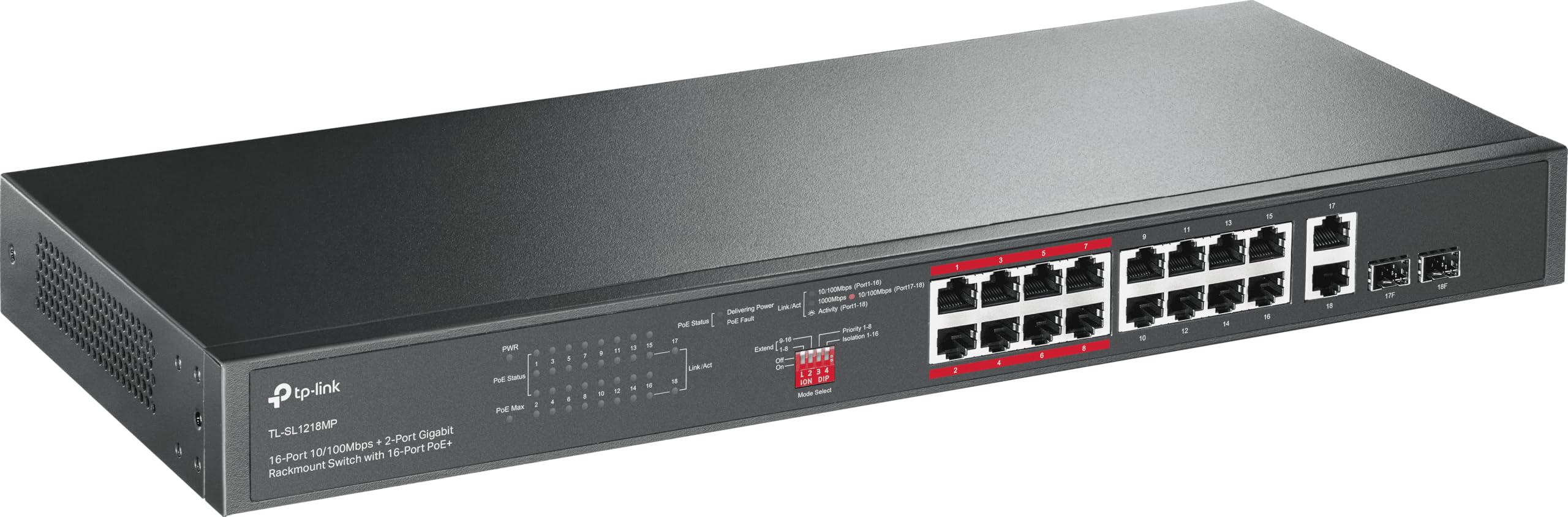 TP-Link Switch PoE TL-SL1218MP de 16 Puertos 10/100Mbps y 2 Puertos Gigabit no gestionados