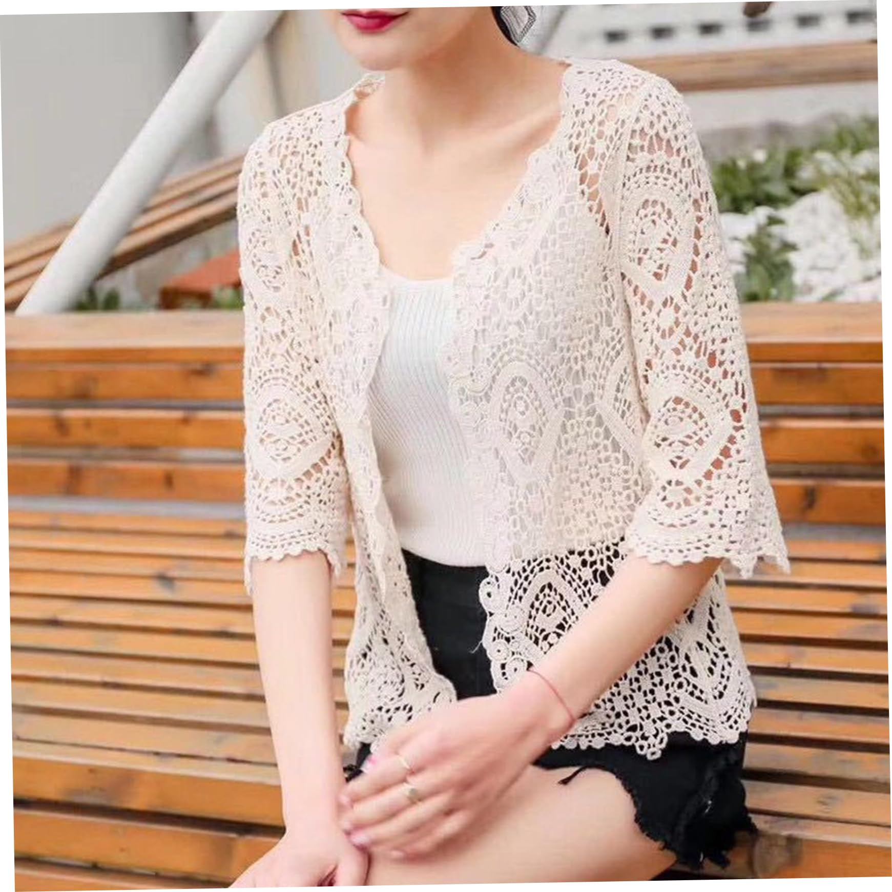 Cardigan all'Uncinetto Protezione Solare in Morbido Cotone Floreale Maniche a 3/4 Aperto sul Davanti Cardigan in Pizzo Estivo scolpito all'Uncinetto per Top da Donna