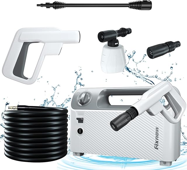 Fixnow 1000E Portable Pressure Washer, 75Bar / 1500PSI Electric Jet Washer with Adjustable Nozzle, Foam Pot, Extended Nozzle, 8m Hose for Patio Car Driveway & Garden Cleaning
