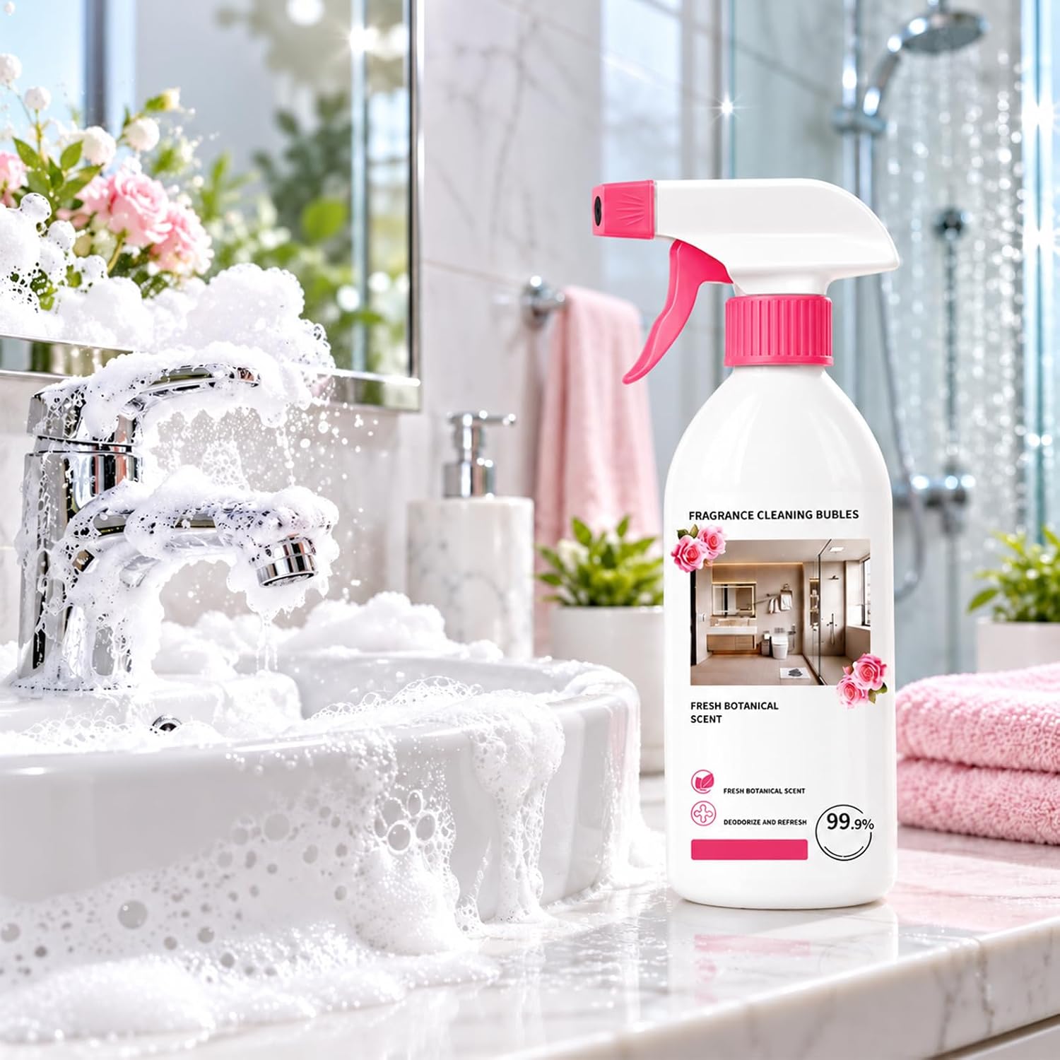 Fragrance Cleaning Bubbles,500 ML Multi-Purpose Bathroom Cleaner Spray,Bathroom Foam Cleaner,Limescale Remover, Mild Formula, Fresh Scent for Bathtub,Shower,Toilet (1pcs)