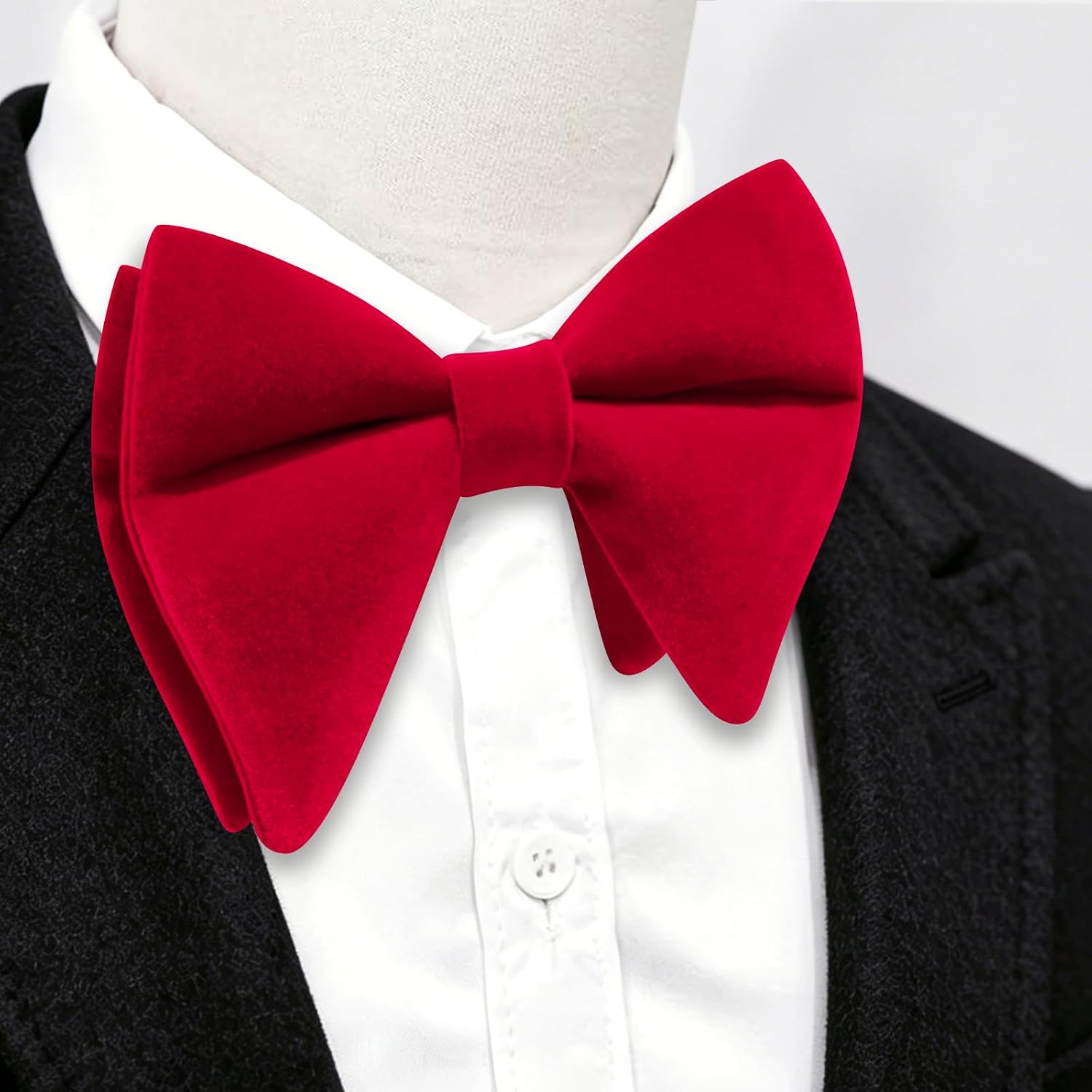 Hi-Tie Mens Solid Red Oversized Velvet Bow Tie Pre-tied Adjustable Tuxedo Bowtie Lapel Pin Handkerchief Set for Party Gift