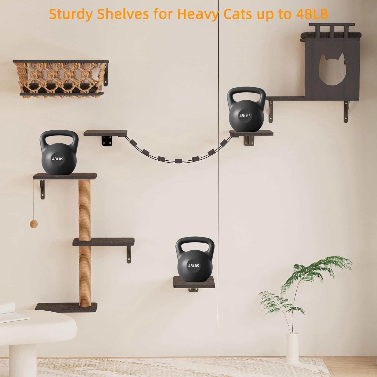 5-in-1 Cat Wall Shelves Set with Hammock, Wall-Mounted Cat Furniture Includes Condo, Bridge, Ladder & Steps for Indoor Cats, Safe & Stable (Dark Gray)