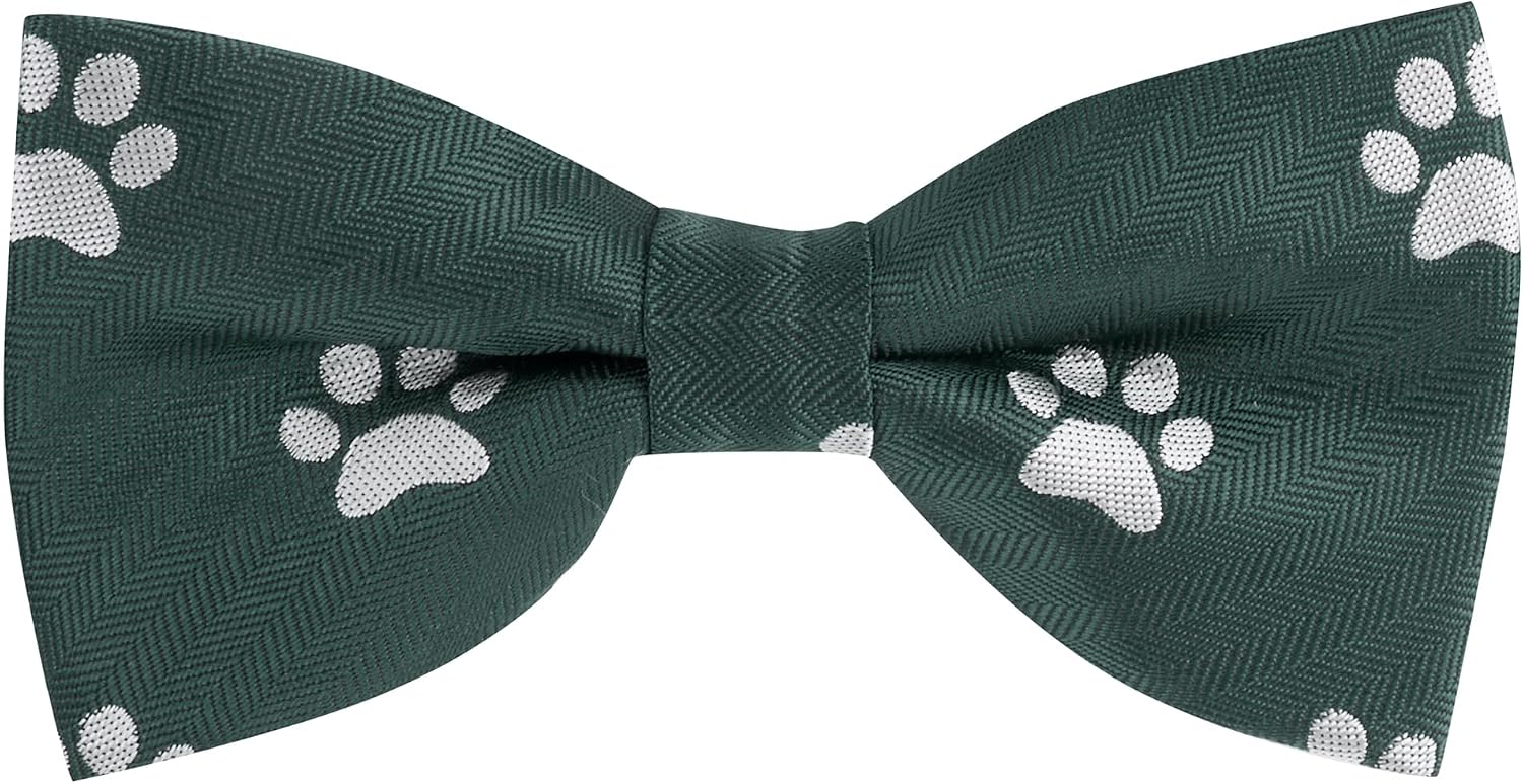 King & Priory Paw Print Dark Green Herringbone Embroidered Bow Tie, Cat, Dog
