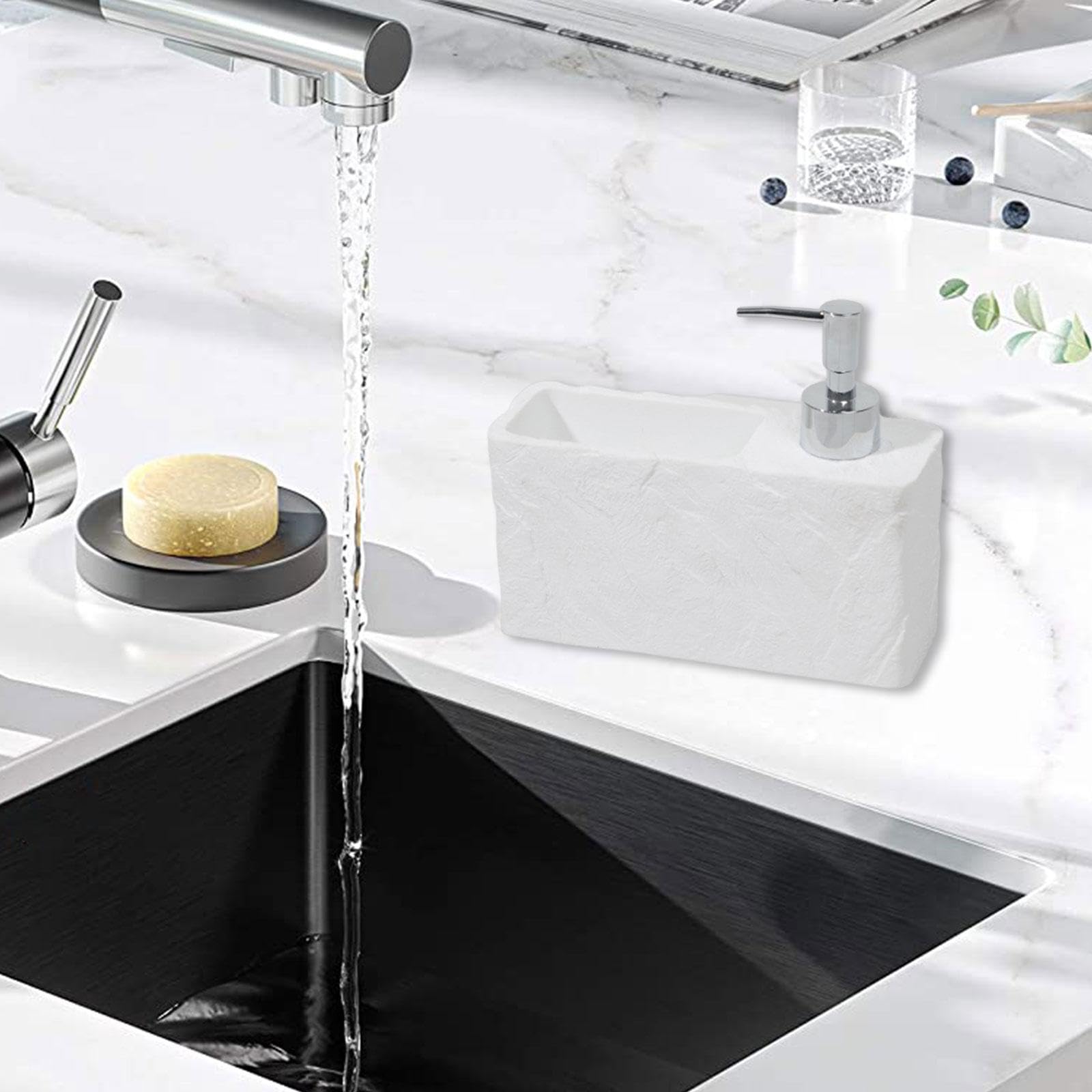 Dispenser di Sapone Liquido Dispenser con Porta Spugna Organizer Multifunzionale in Resina Pompa Erogatrice Accessorio per Cucina Bagno Adatto a Uso D, Bianco