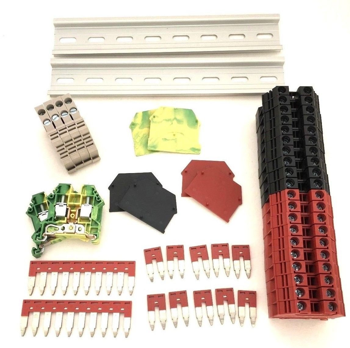 Red/Black DIN Rail Terminal Block Kit Dinkle 20 DK6N 8 AWG Gauge 50A 600V Ground DK6N-PE Jumper DSS6N-02P DSS6N-10P End Covers End Brackets