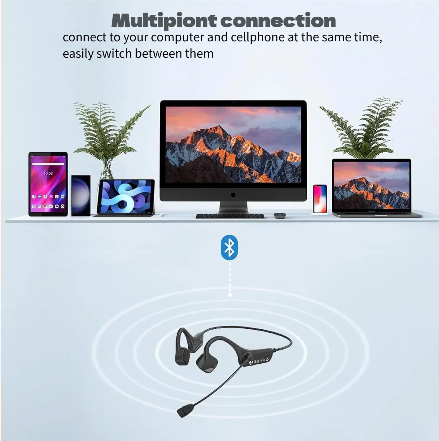 Bone Conduction Bluetooth Headphones with Mic Wireless Computer Headset Built in Mic Noise Canceling Multipoint Connection Open Ear Comfortable for Running Cycling Working Driving Workouts - Image 7