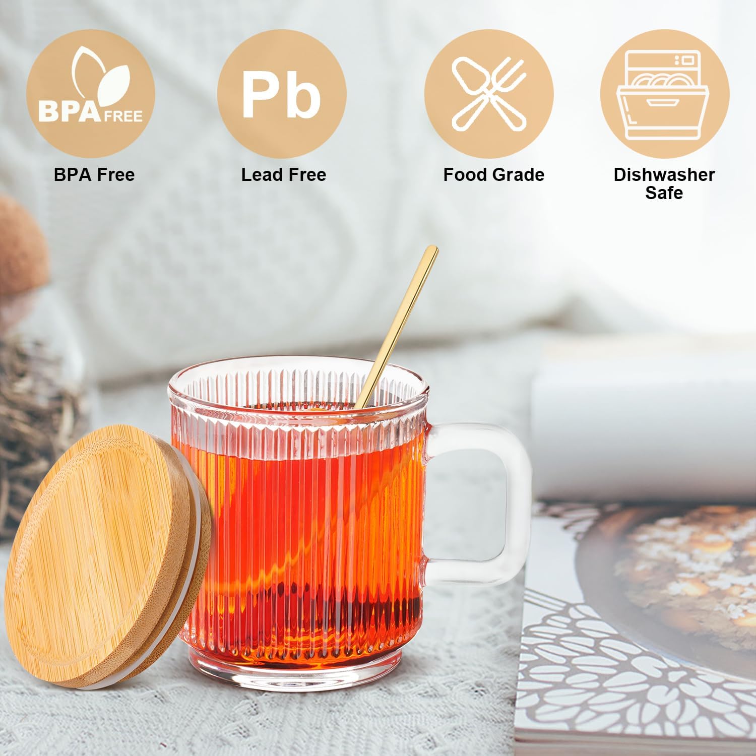 Glass Coffee Mugs, 11oz Glass Coffee Cups with Bamboo Lids and Spoon, Clear Coffee Cups Set of 2, Espresso Cups for Coffee Bar Accessories, Cute Ribbed Glassware Set for Latte, Cappuccino, Tea, Gift - Image 4