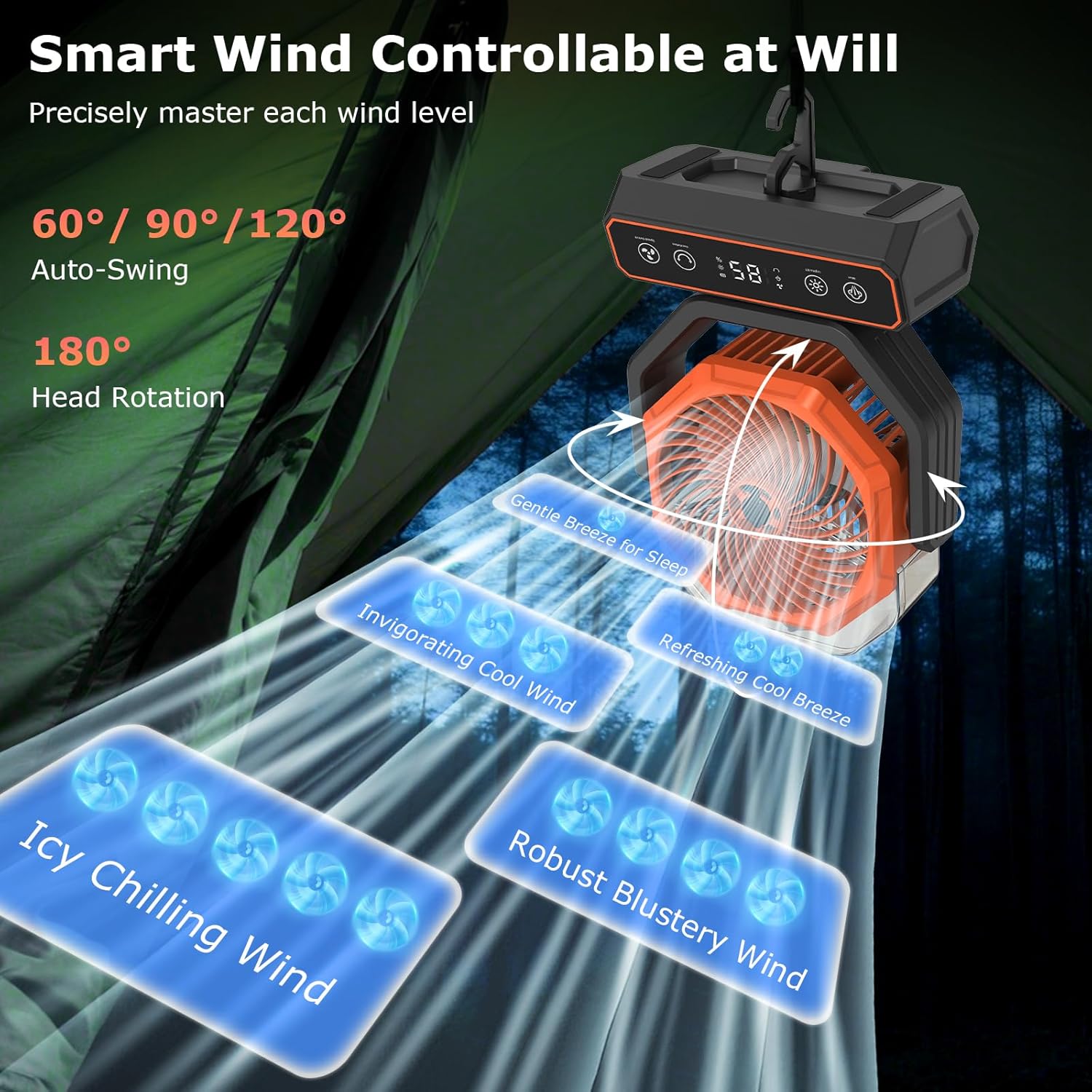 Misting Fan Rechargeable Camping Fan with Battery (Orange-APP Control, 40000mAh)
