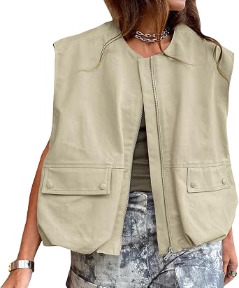 FeMereina Womens Casual Zip Up Vest Cargo Oversized Ruched Hem Sleeveless Blazer Jackets Tops