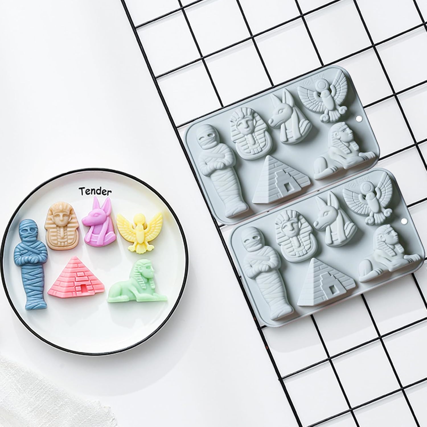 6-Cavity Egyptian Theme Molds with Egyptian Pyramid Pharaoh Mummy Sphinx