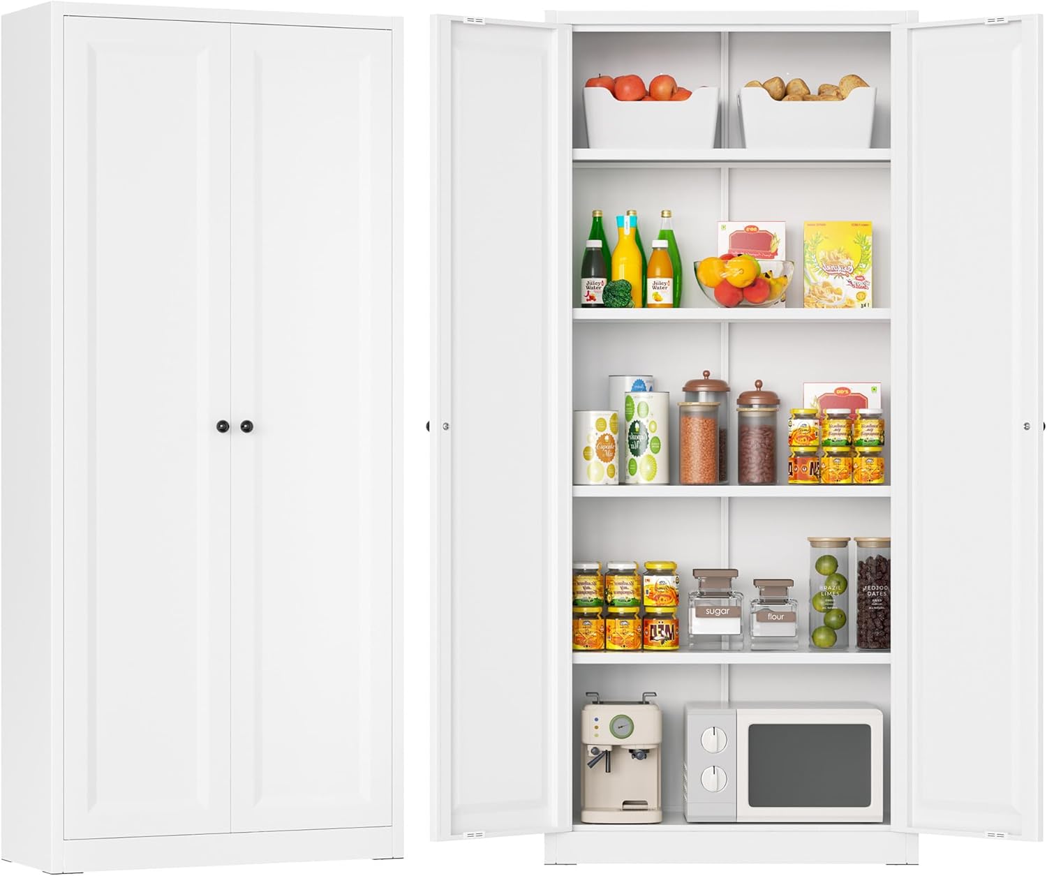 Greenvelly 63" H Metal Pantry Storage Cabinet, White Locking Metal Cabinet with 4 Adjustable Shelves, Kitchen Pantry Cabinets for Home, Garage, Pantry, Kitchen, White