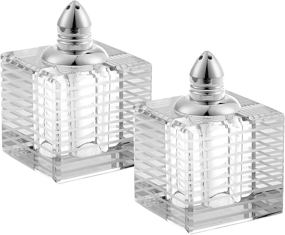 Badash Crystal Salt and Pepper Shaker Set - 2.75" Tall Pinstripes Hand-Cut Optical Crystal Glass Shakers with Platinum Tops - Set a Beautiful Table
