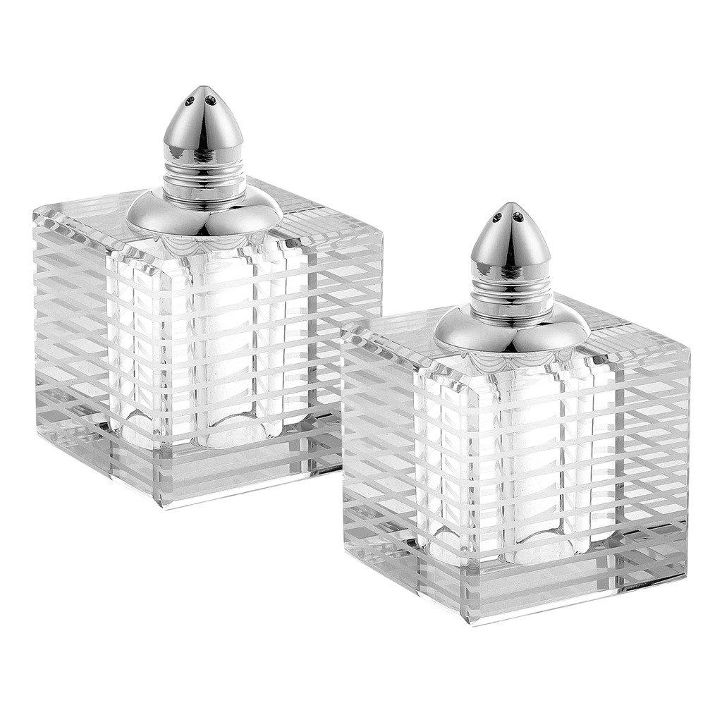 Badash Crystal Salt and Pepper Shaker Set - 2.75" Tall Pinstripes Hand-Cut Optical Crystal Glass Shakers with Platinum Tops - Set a Beautiful Table