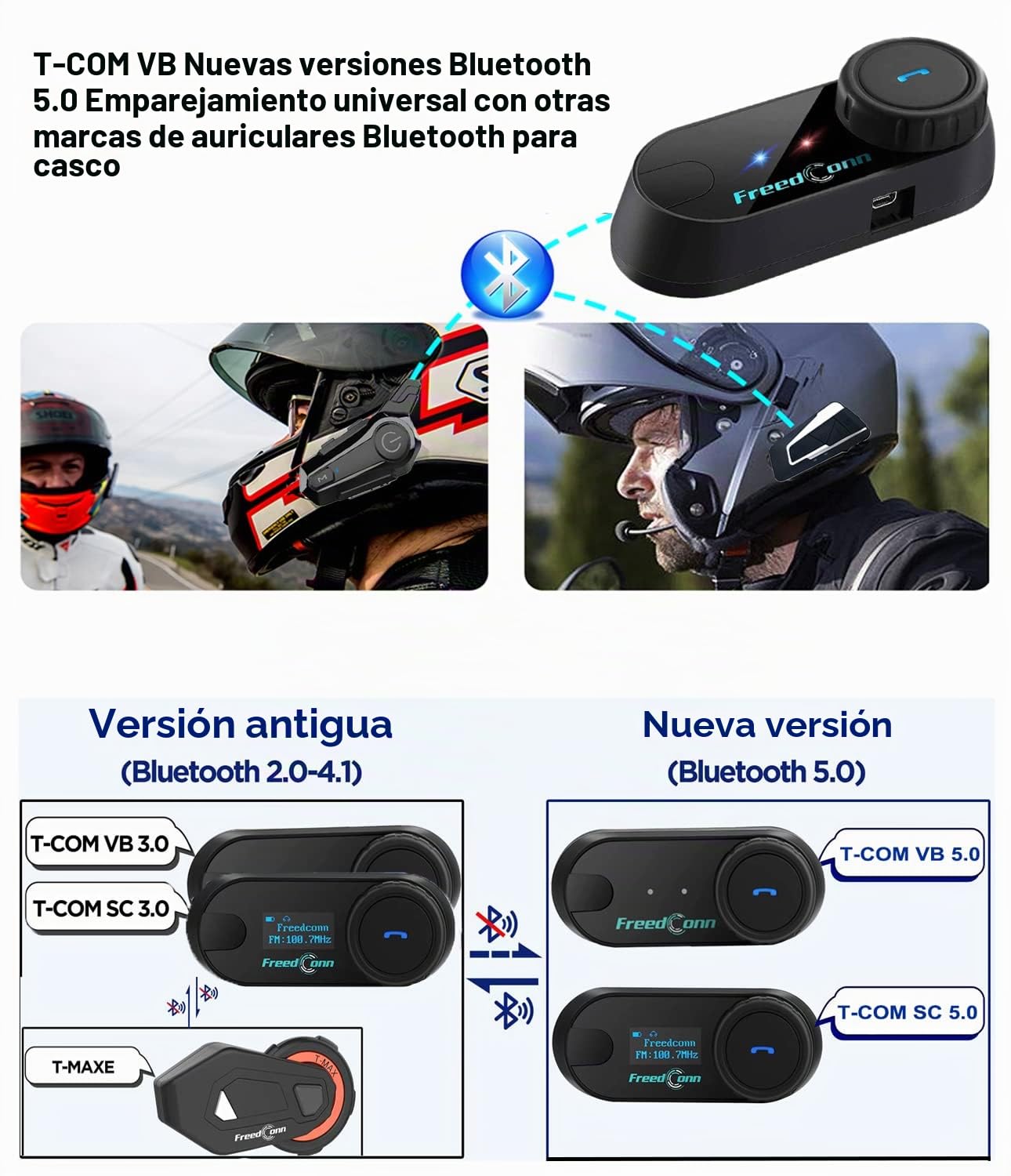 FreedConn Sistemas de comunicación Casco Motocicleta, TCOM VB Bluetooth 5.0, 2-Way 800M Intercomunicador para Cara Completa y abatible etc,Auriculares Casco de Moto(FM/IP65/2 in 1 Mic/1 Paquete)
