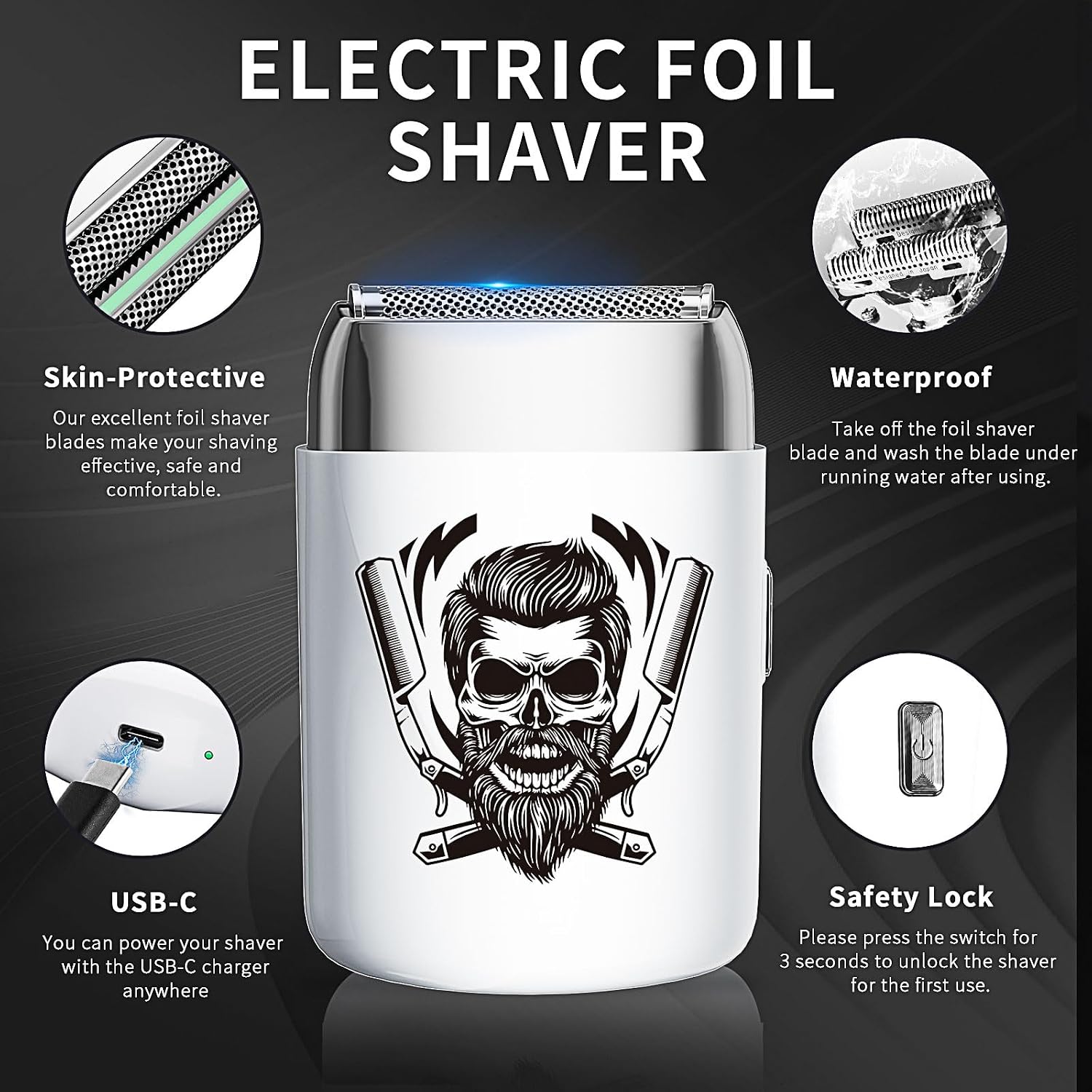 BESTBOMG Electric Foil Shaver for Men, Waterproof Rechargeable Razor with 2 Floating Blades for Bald Men, IPX6 Wet/Dry Use, Type-C Charging, Portable Travel Shaver for Face and Head Shaving