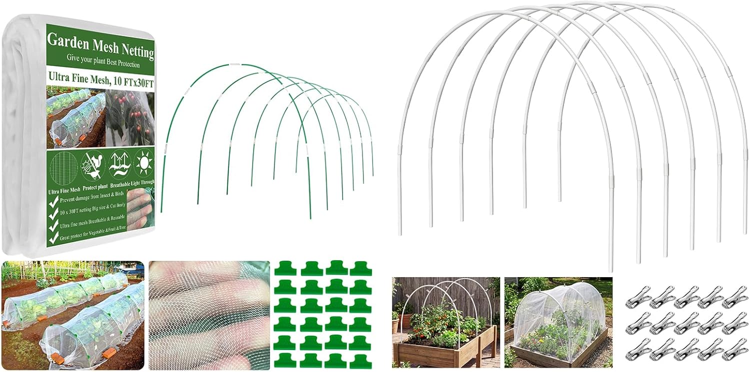 Garden Mesh Netting Kit,10 x 30FT Ultra Fine Netting with 12 Sets Garden Hoops for Raised Beds Vegetable Plants Fruits Greenhouse Row Cover Birds Animals Barrier Protection Net