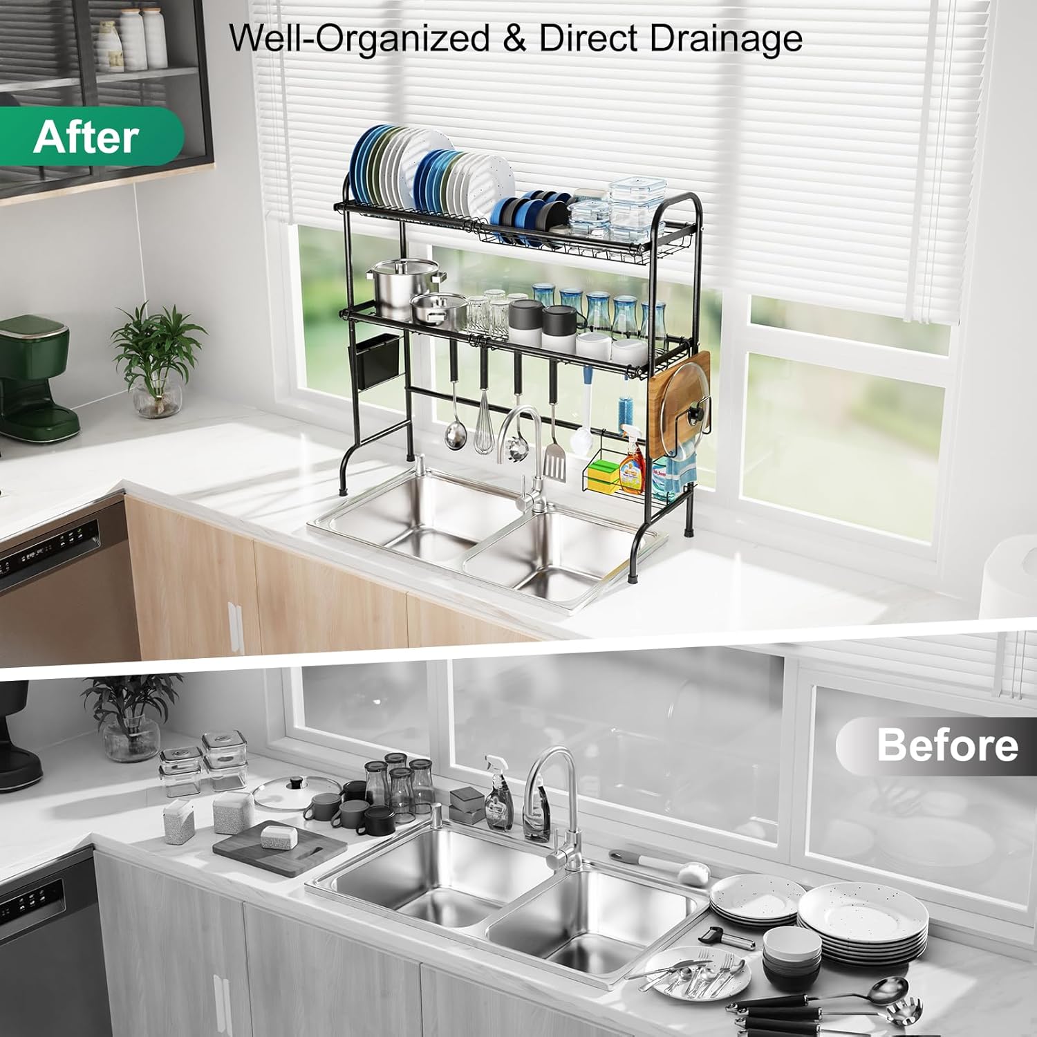 GSlife Stainless Steel Over The Sink Dish Drying Rack - 2 Tier Dish Rack Over Sink, Dish Drainer Rack with Utensil Holder and Cutting Board Holder for Kitchen Counter, Black