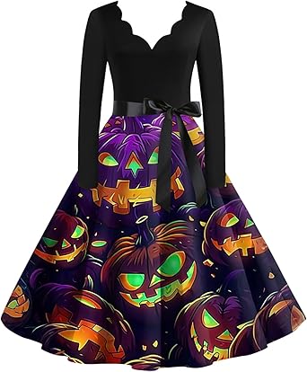 OIOLOYJM Sexy Plus Size Halloween Costumes Woman 2025 Long Sleeve V Neck Printed Gothic Retro Formal Party Dresses for Women