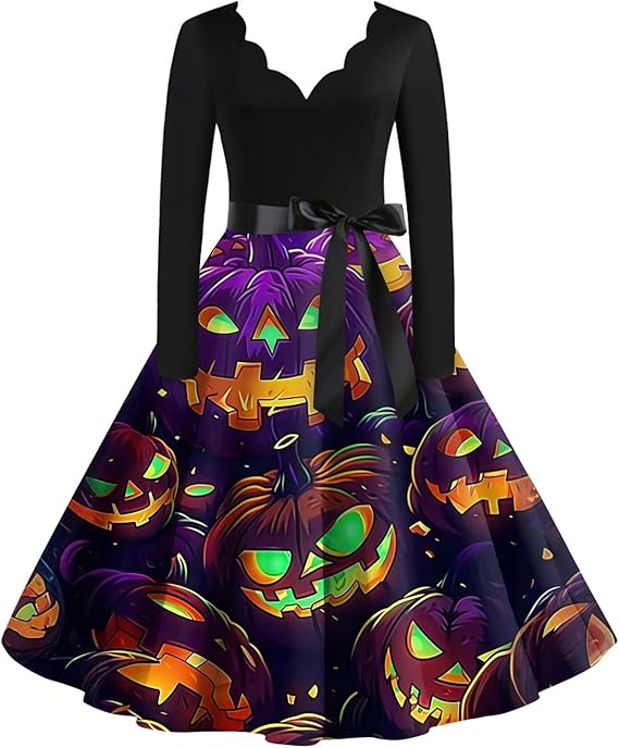 OIOLOYJM Sexy Plus Size Halloween Costumes Woman 2025 Long Sleeve V Neck Printed Gothic Retro Formal Party Dresses for Women