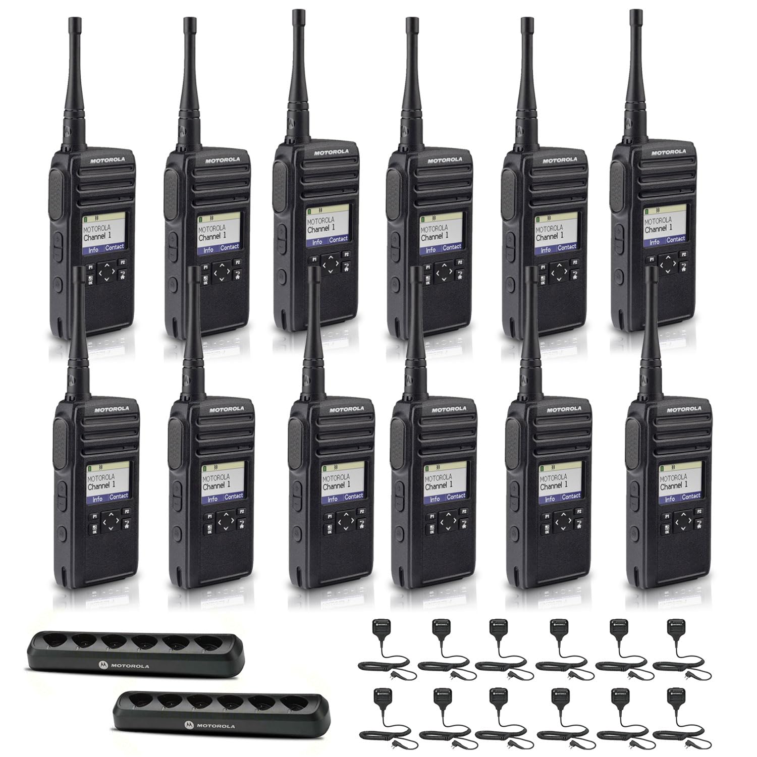 Motorola DTR700 Digital 2-Way Radio 50 Channels DTR700 2 x Multi-Unit Charger 12 x HKLN4606 Remote Speaker Mic
