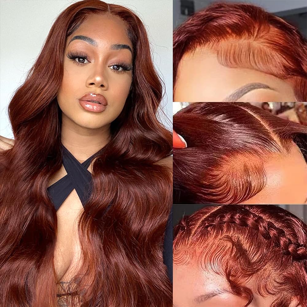 KEKEYY Reddish Brown Lace Front Wigs Human Hair Pre Plucked 200% Density 13x4 Body Wave Lace Frontal Wigs Human Hair with Baby Hair 24Inch