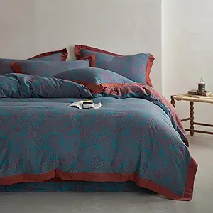 VM VOUGEMARKET Jacquard Duvet Cover Set King,Yarn-Dyed Cotton Blue Red Tree Leaves Duvet Cover Bordered,Reversible Farmhouse Style Bedding Set King