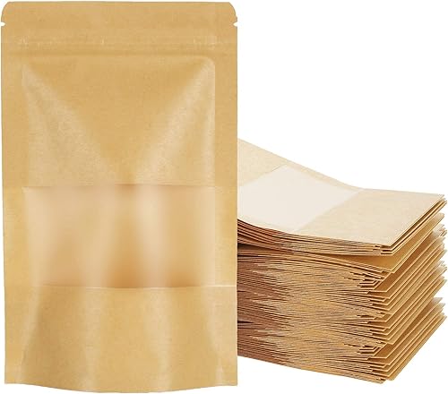 100 bolsas de papel kraft de pie con ventana transparente, con cierre de cremallera, 4.6 x 7.8in, bolsas de almacenamiento de alimentos grandes,