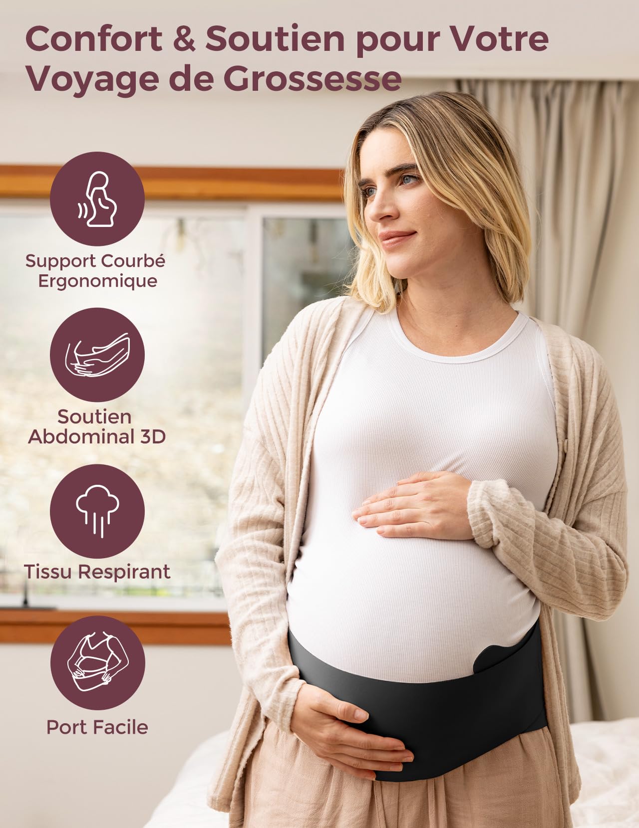 momcozy Ceinture Grossesse Femme Enceinte, Ceinture Grossesse Monobloc et Portable avec Support Dorsal Ergonest et Tissu Respirant – Ceinture de Grossesse Ajustable pour Ventre Petit, Rond ou Haut
