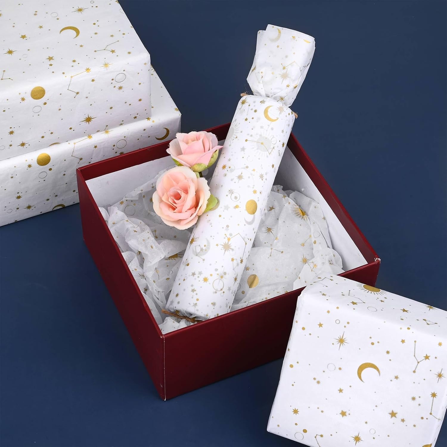 Bolsome 100 Sheets 20 * 14 Inches Galaxy Tissue Paper for Gift Wrapping, White Gold Moon Star Printed Tissue Paper for Gift Bags for Birthday Baby Shower Wedding DIY Craft