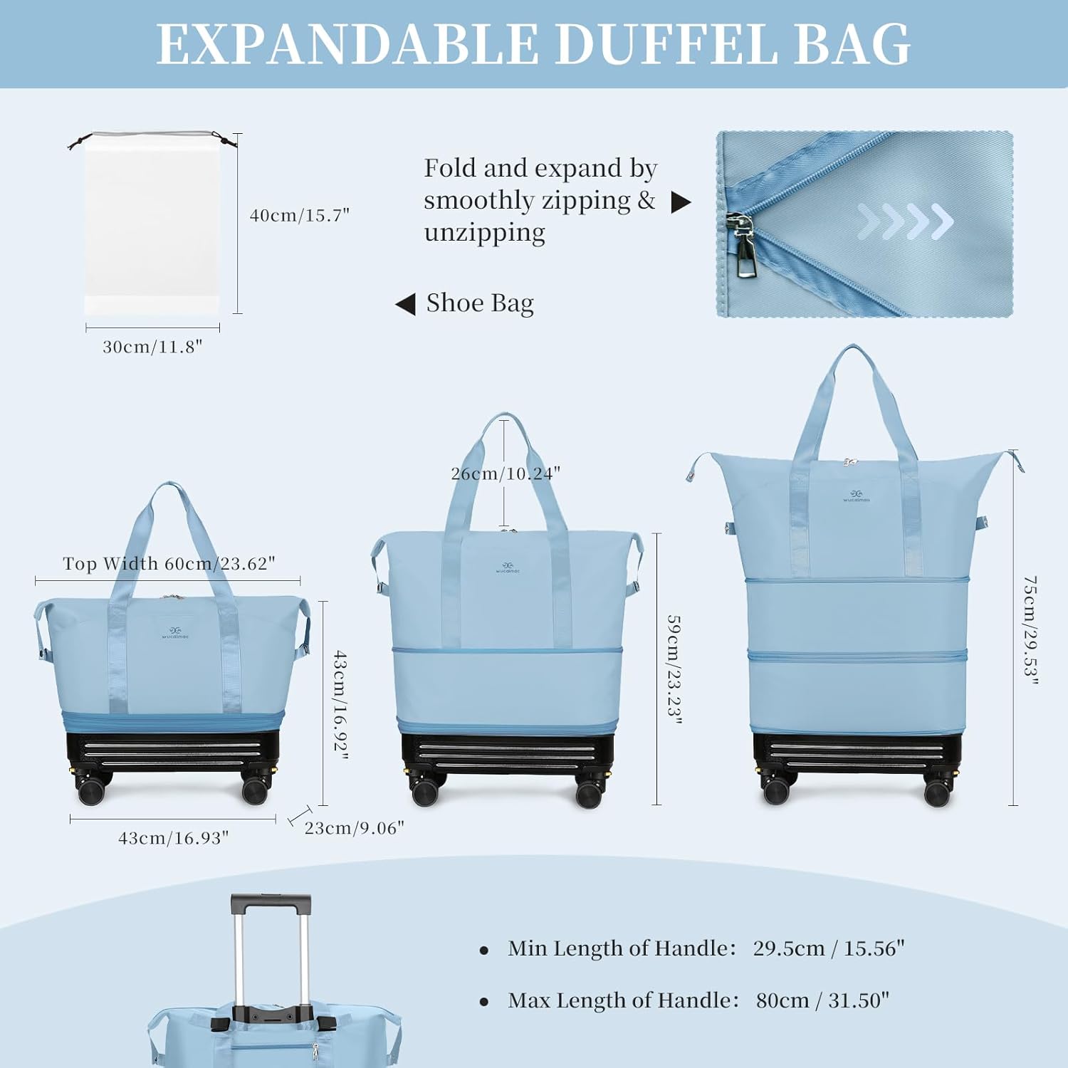 Rolling Duffel Bag with Detachable Wheels & Handle,Expandable Foldable Travel Duffle Bag,Carry on Luggage Large Tote Bag for Gym Overnight Weenkend Trip(Light Blue)
