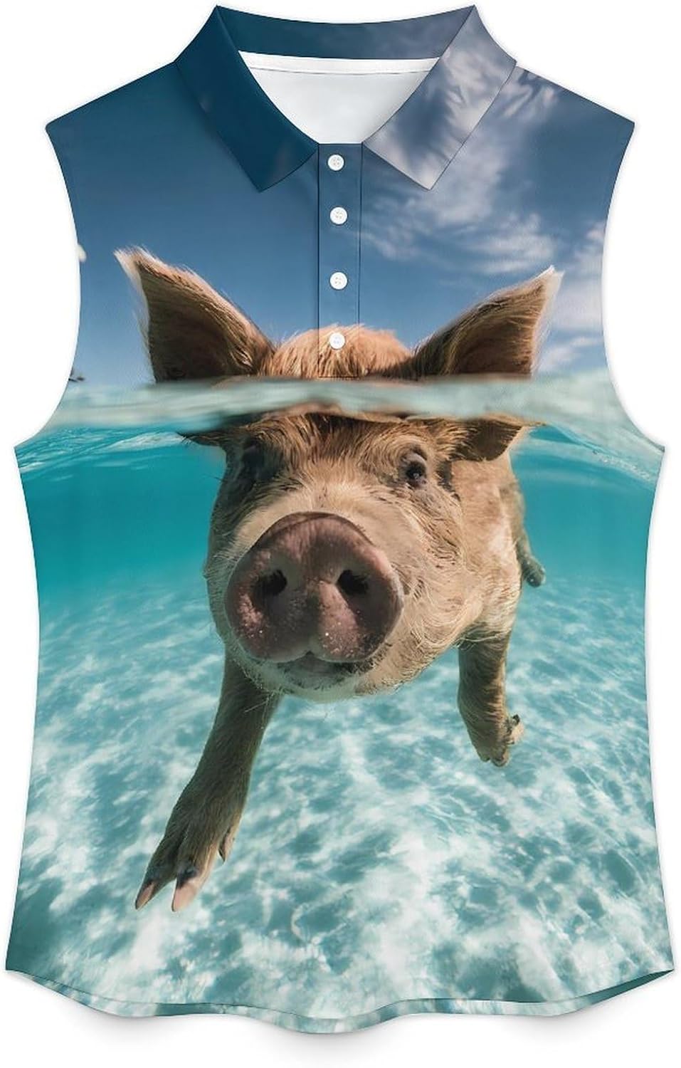 Pig Swimming in Ocean Women Sleeveless Collared Golf Polo Shirt | V Neck Tank Top,Breathable Tennis Shirts