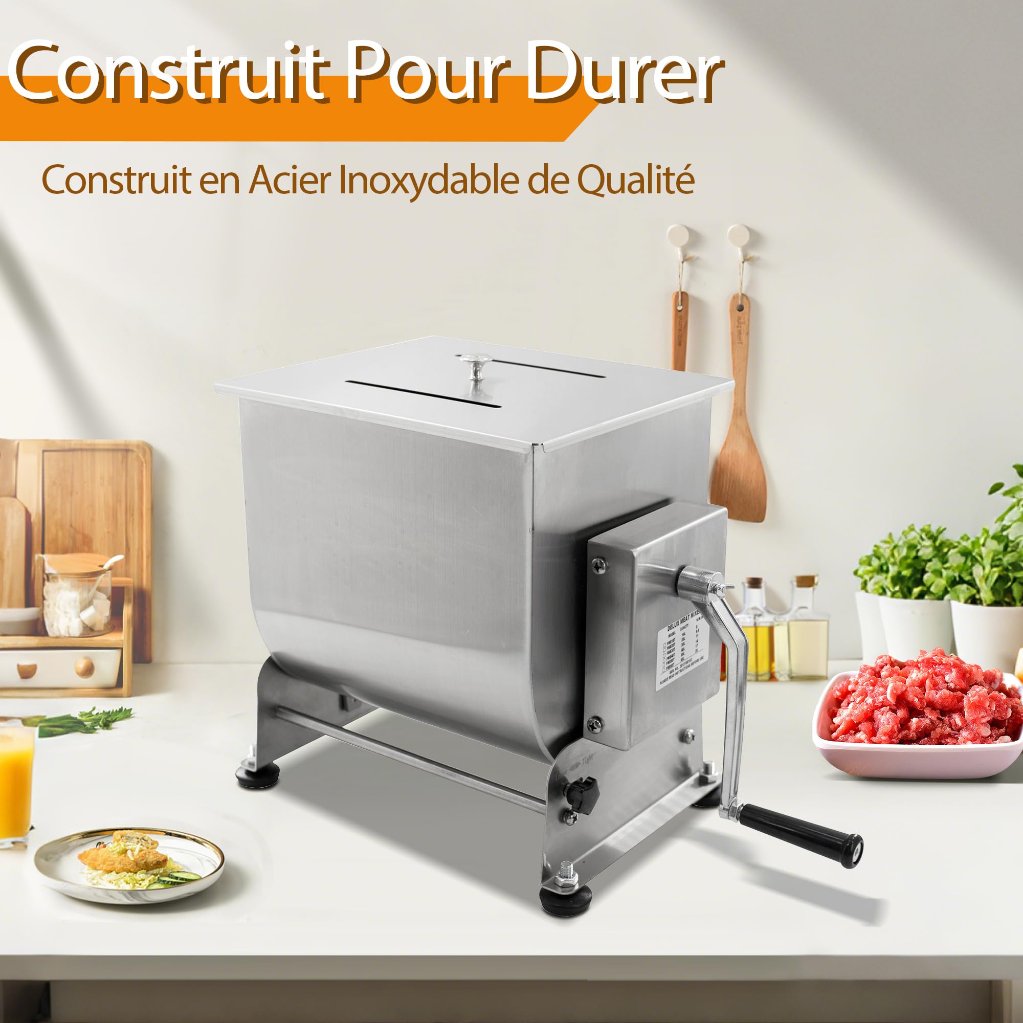 Hakka Mixeur à Viande Professionnel d'une Capacité de 30 L, Mixeur à Saucisses Inclinable, Mélangeur à Farce Manuel (25 kg Max. de Viande), Acier Inoxydable