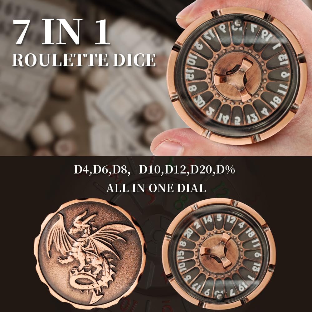 Spinner DND Dice Set,DND Dice D20 Dungeons and Dragons Dice Polyhedral Punk Style Small Flying Dragon Dice Spinning Random Rollerball Compasses (Antique red Copper)