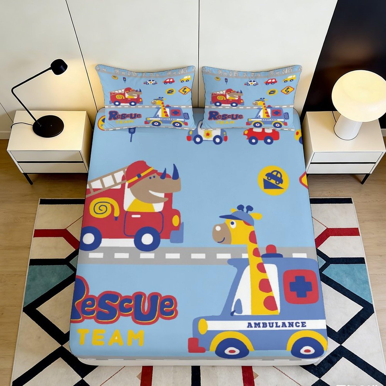 3D Printed Cartoon Rescue Team Fitted Sheet Microfiber Blue Animal Fire Truck Bed Cover for Bedroom Dorm Kids 160x200x25cm