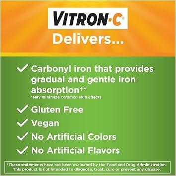 Vitron-C High Potency Iron Dietary Supplement Plus Vitamin C Coated Tablets, Pack of 5 (60 Count Each)