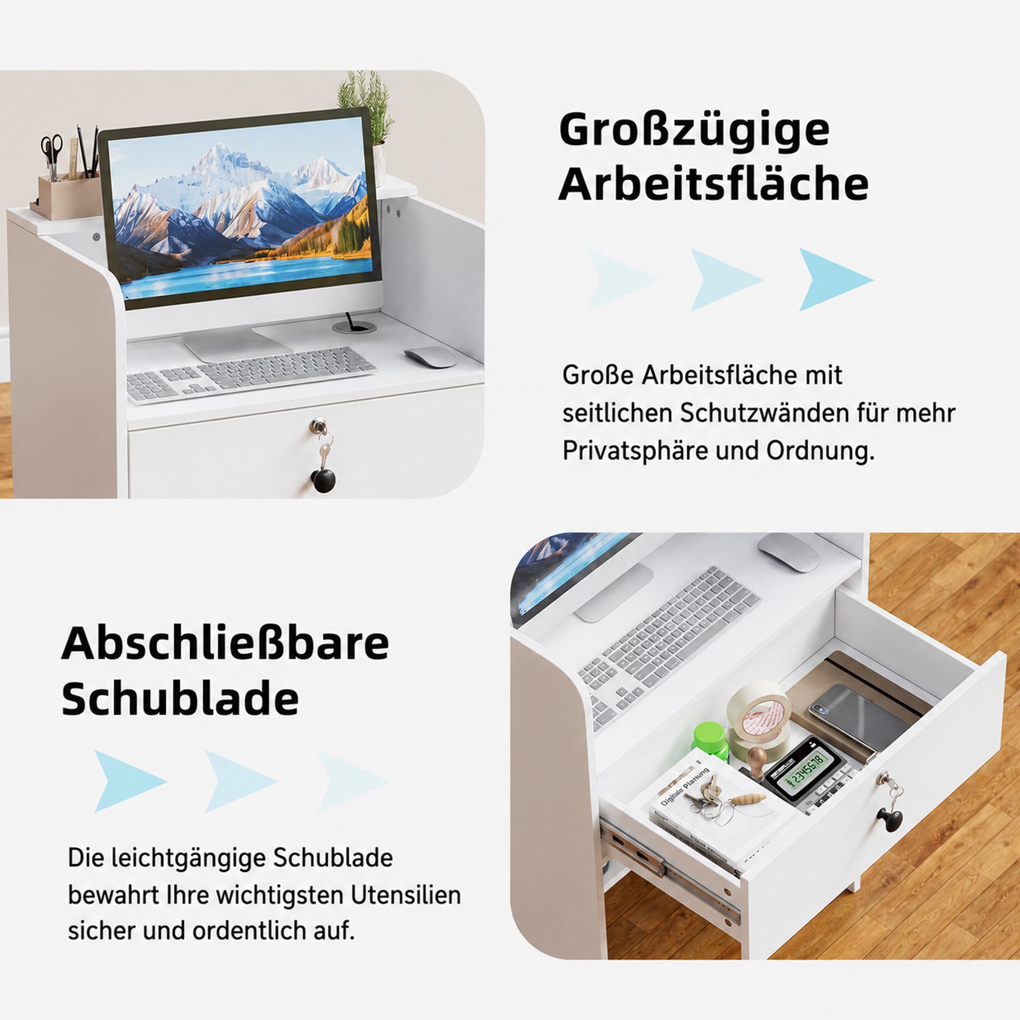 MSFE Empfangstheke mit LED-Lichtleiste Rezeptionstheke Klein Empfangstresen mit Abschließbarer Schublade Modern Empfangsmöbel Rezeption Tisch Kompakt Fronttresen für Salon Geschäft Hotel Büro