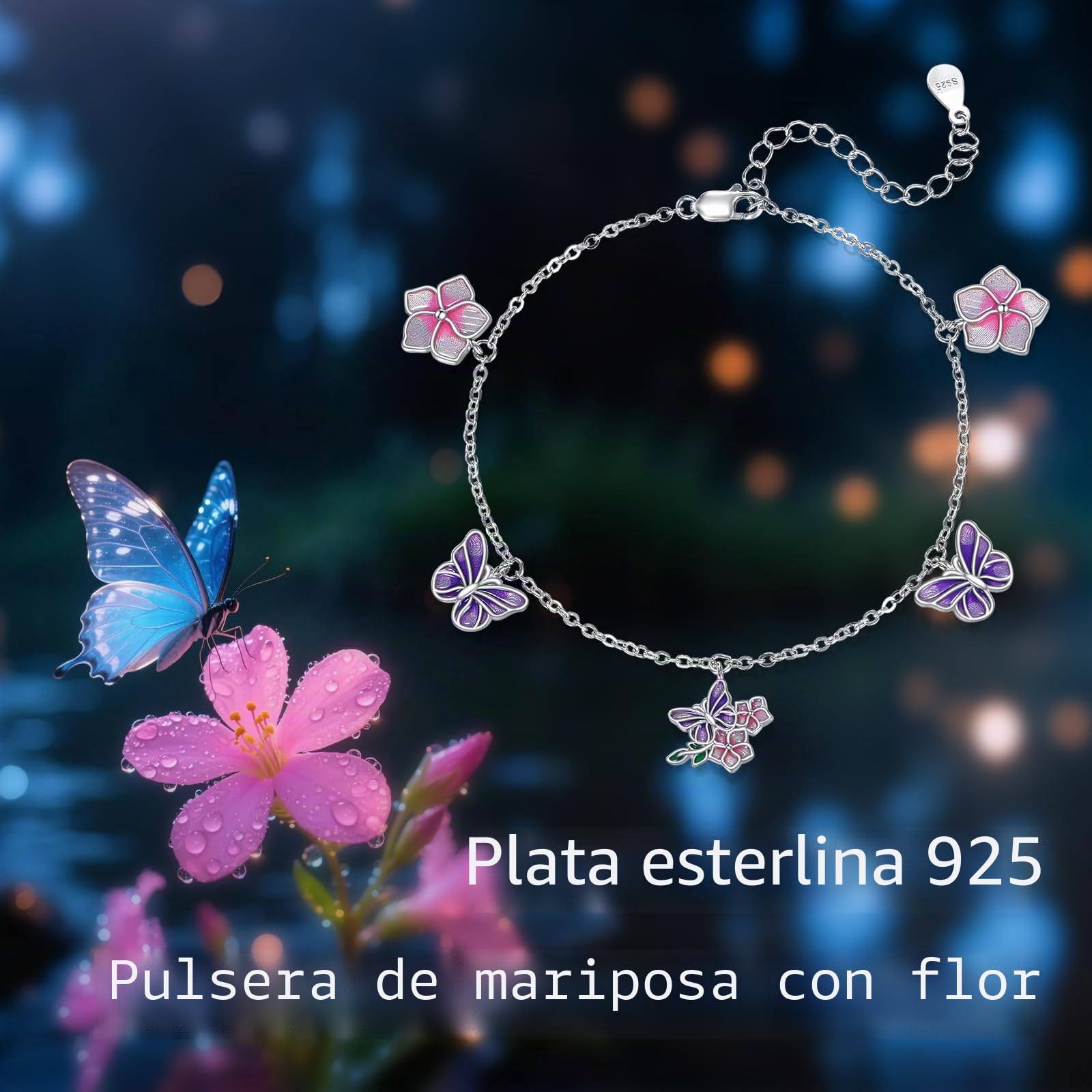 LONAGO Pulsera de Mariposa Plata de Ley 925 Mariposa Morada con Flor Pulsera para Regalo