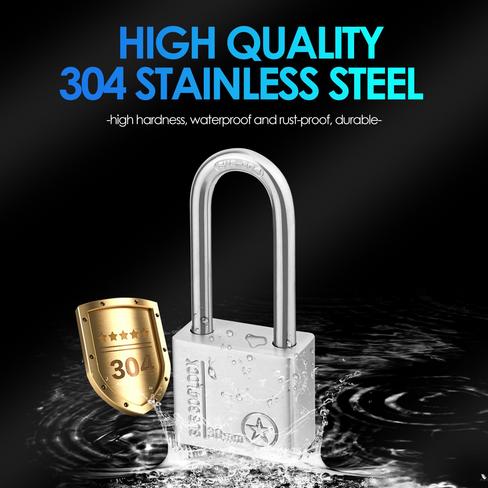 Stainless Steel Long Shackle Padlock, Heavy Duty Padlock Weatherproof & Waterproof with 4 Keys, High Hardness Anti-Pry Security Padlock for Garden Shed/Garage/Fence/Locker/Outdoor Indoor Use (3CM) - Image 2