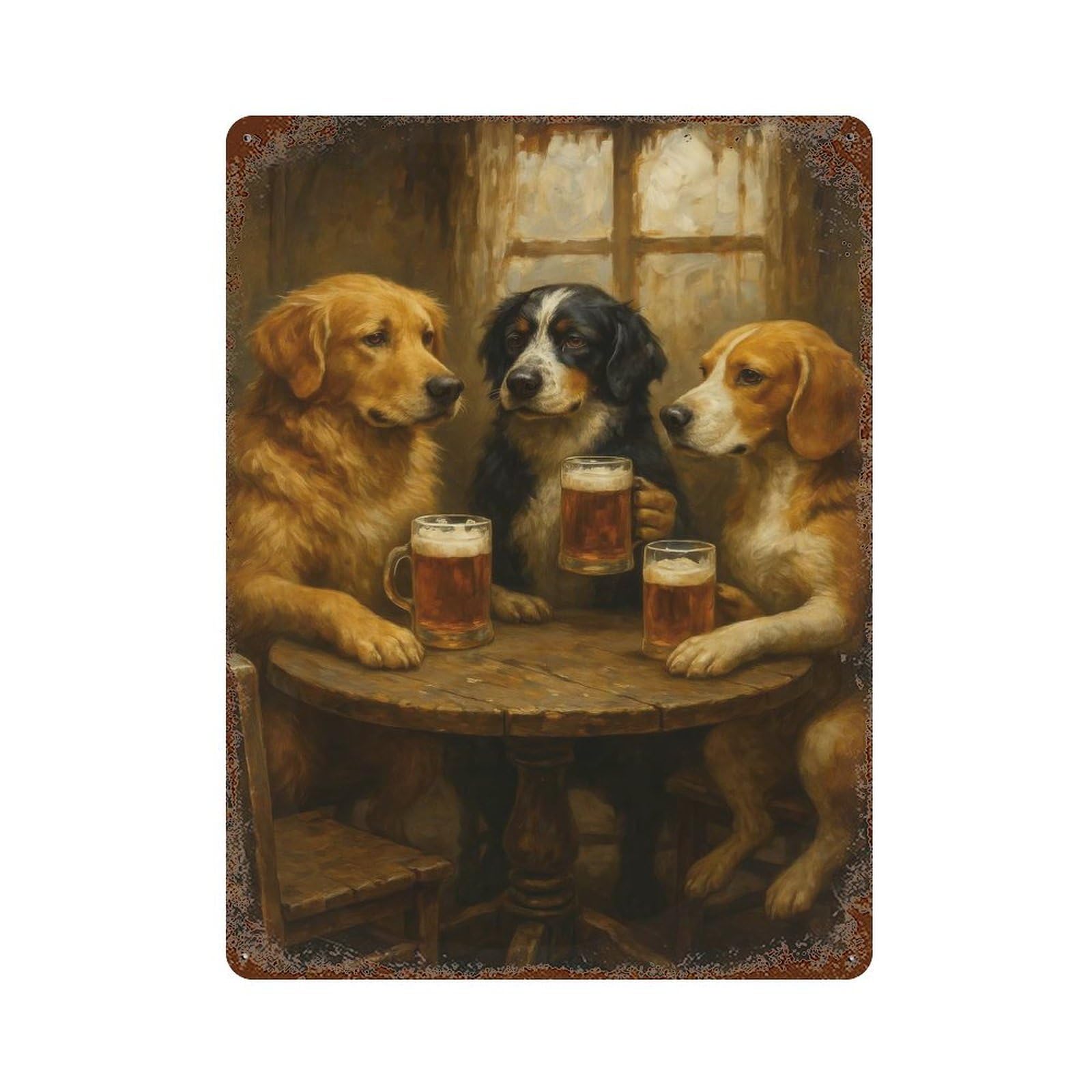 Dogs Drinking Beer at A Pub Rust Effect Tin Sign 15.7"x11.8", Old School Wall Decor for Living Room, Hallway And Home Decor