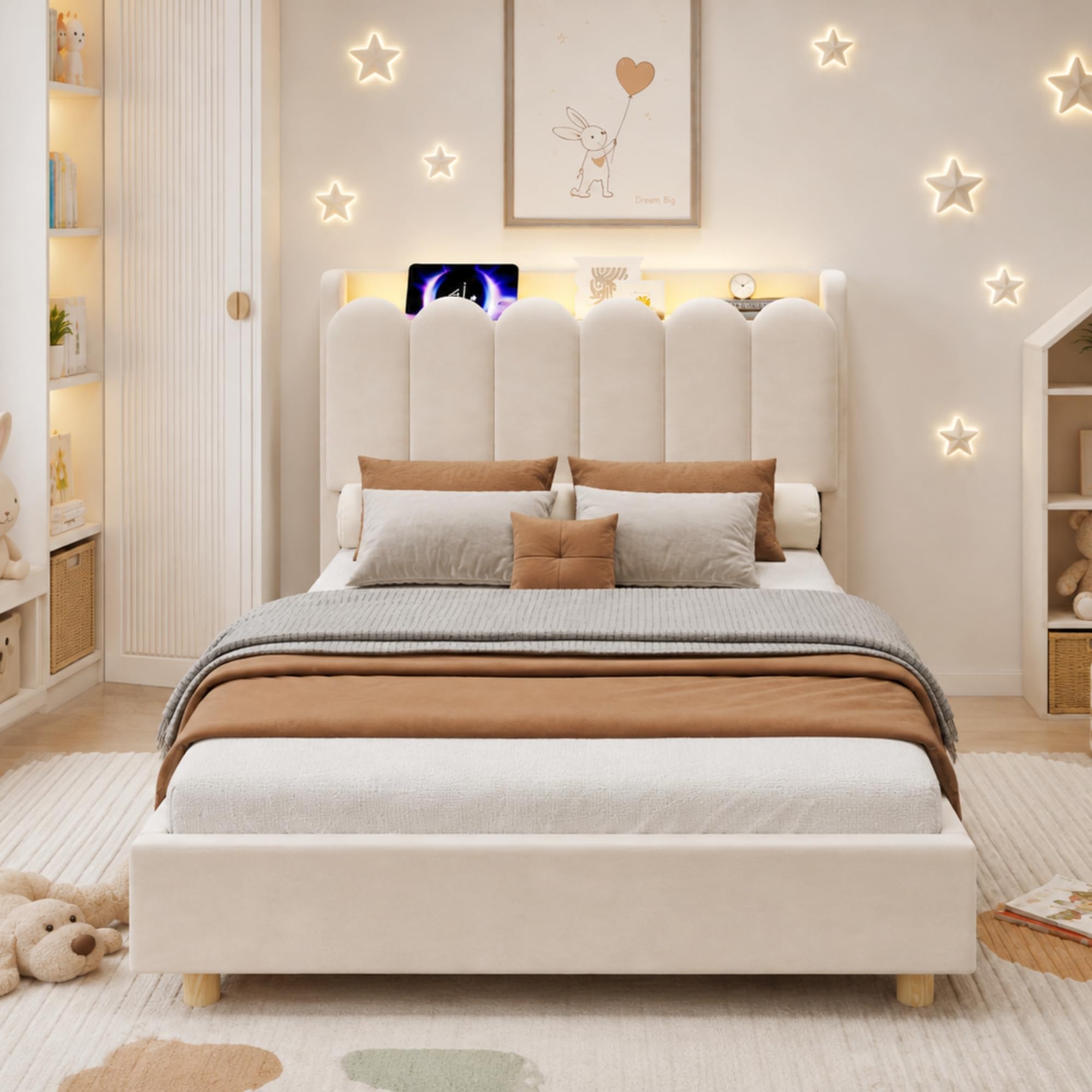 Merax 3FT Single Velvet Bed Frame with Storage Headboard Beige-No Mattress — image 1