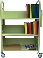 Vista 2 de Workington Carrito de libros con 3 estantes planos, carrito de libros de biblioteca con ruedas giratorias bloqueables 3001, verde manzana