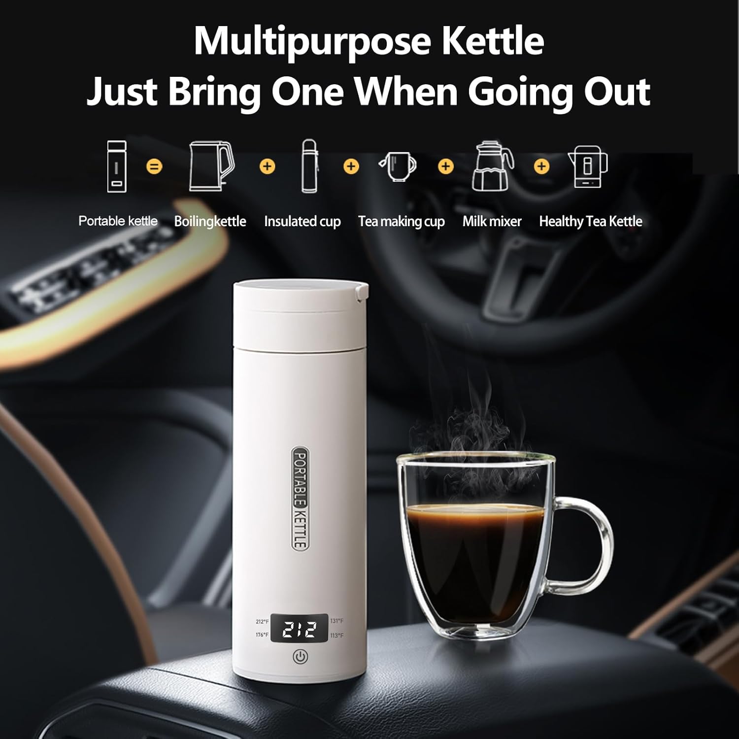 12V Travel Electric Kettle for Car Portable Small Mini Tea Coffee Kettle Water Boiler, Water Heater with 4 Temperature Control（White）