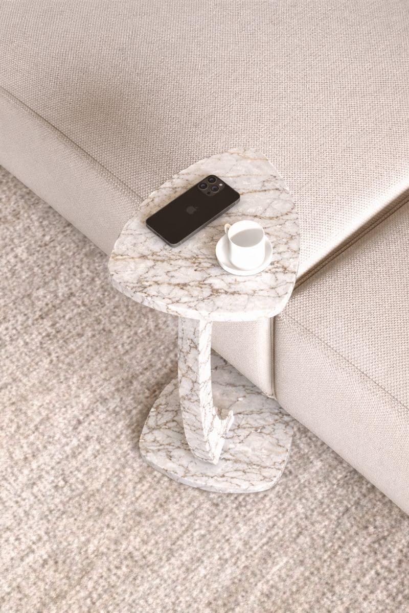 C Shaped Triangular Top Table for Couch Small Places, Space Saver Sheild Top Side Table for Sofa and Bedside with Wheels, Coffee and Eating Snack for Living Room, Office (White Marble) image 5