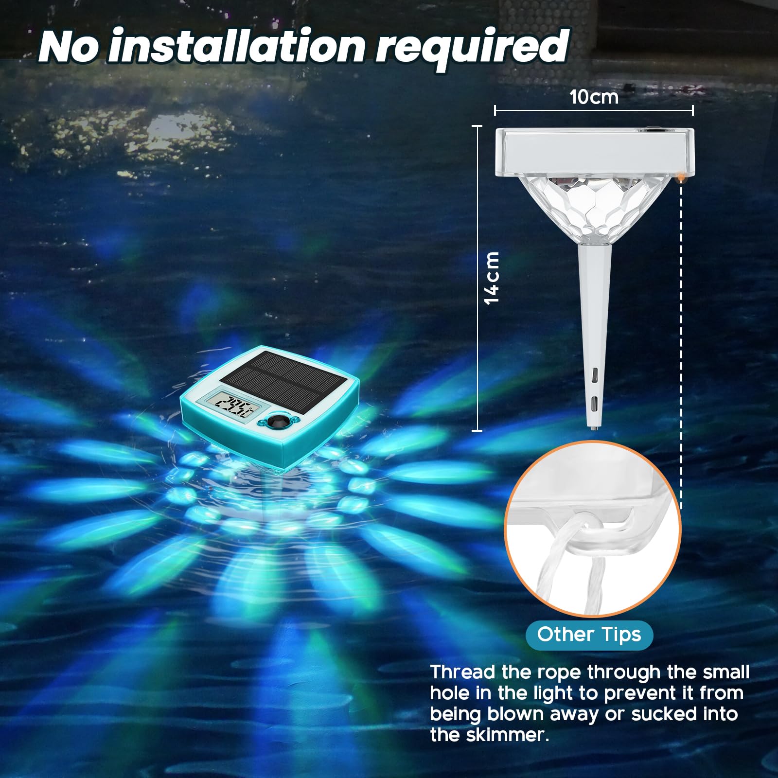 Termómetro Piscina Flotante Solar, iluminación de piscina con 8 modos LED, Termómetro digital fácil Lectura, Luz Solar Piscina IP68 impermeable, para estanque de jardín, Spa, bañeras, Acuarios
