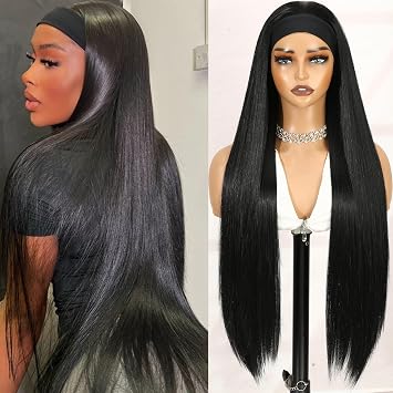 WIGNEE 32 Inch Super Long Headband Wigs For Black Women Black Straight Half Wig Synthetic Hair Glueless Heat Resistant Fiber Daily Party Use