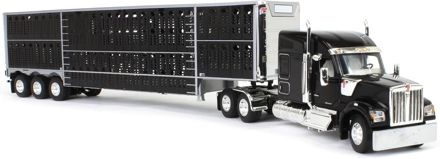 DCP Kenworth W990 with Wilson Silverstar Livestock Quad-Axle Trailer 1/64 Scale Black Semi Truck Model for Ages 14+