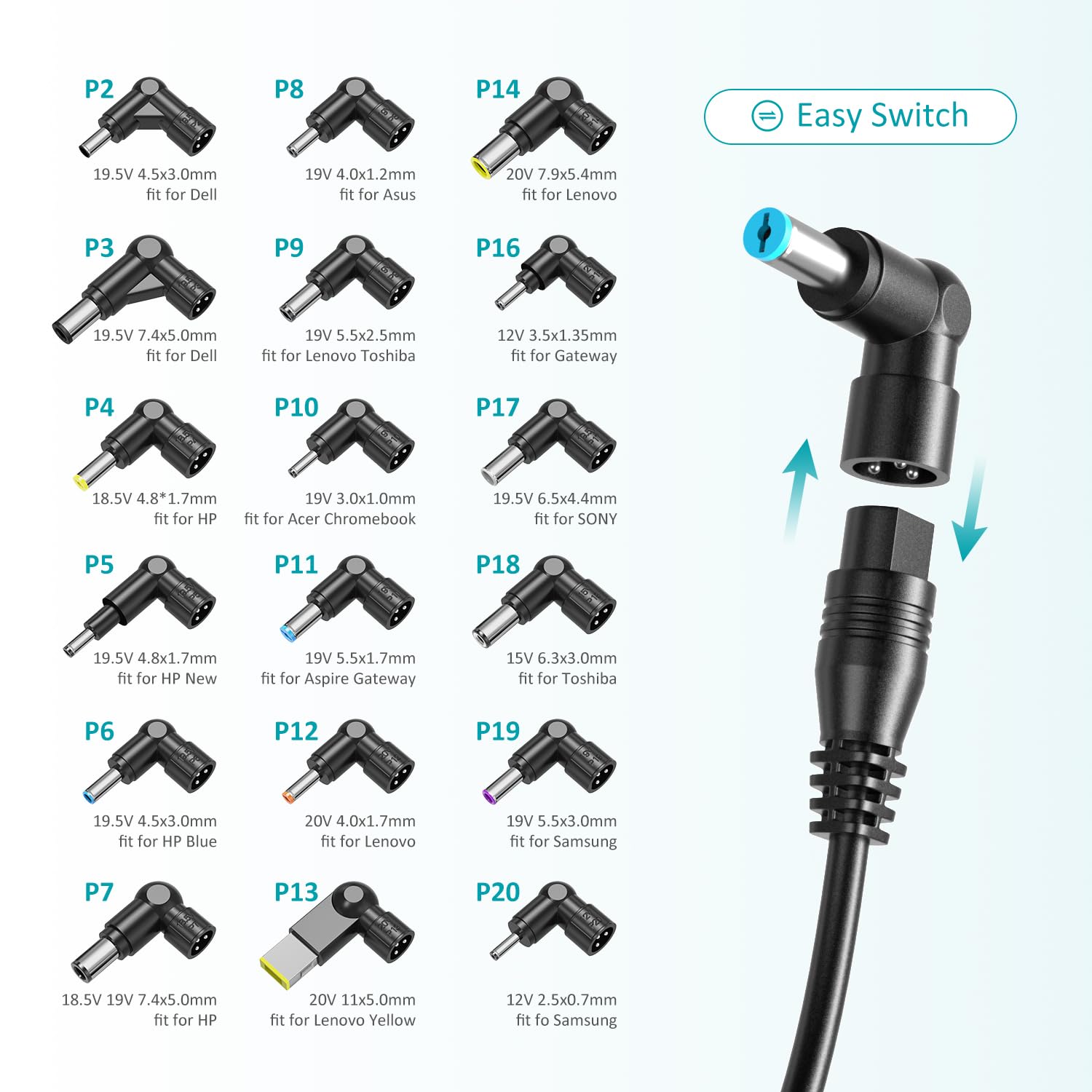 100W 90W 65W Chargeur Universel PC Portable pour HP ASUS Lenovo Acer Dell Toshiba Sony Samsung Chargeur Ordinateur avec 18 Connecteurs, Pas de USB-C