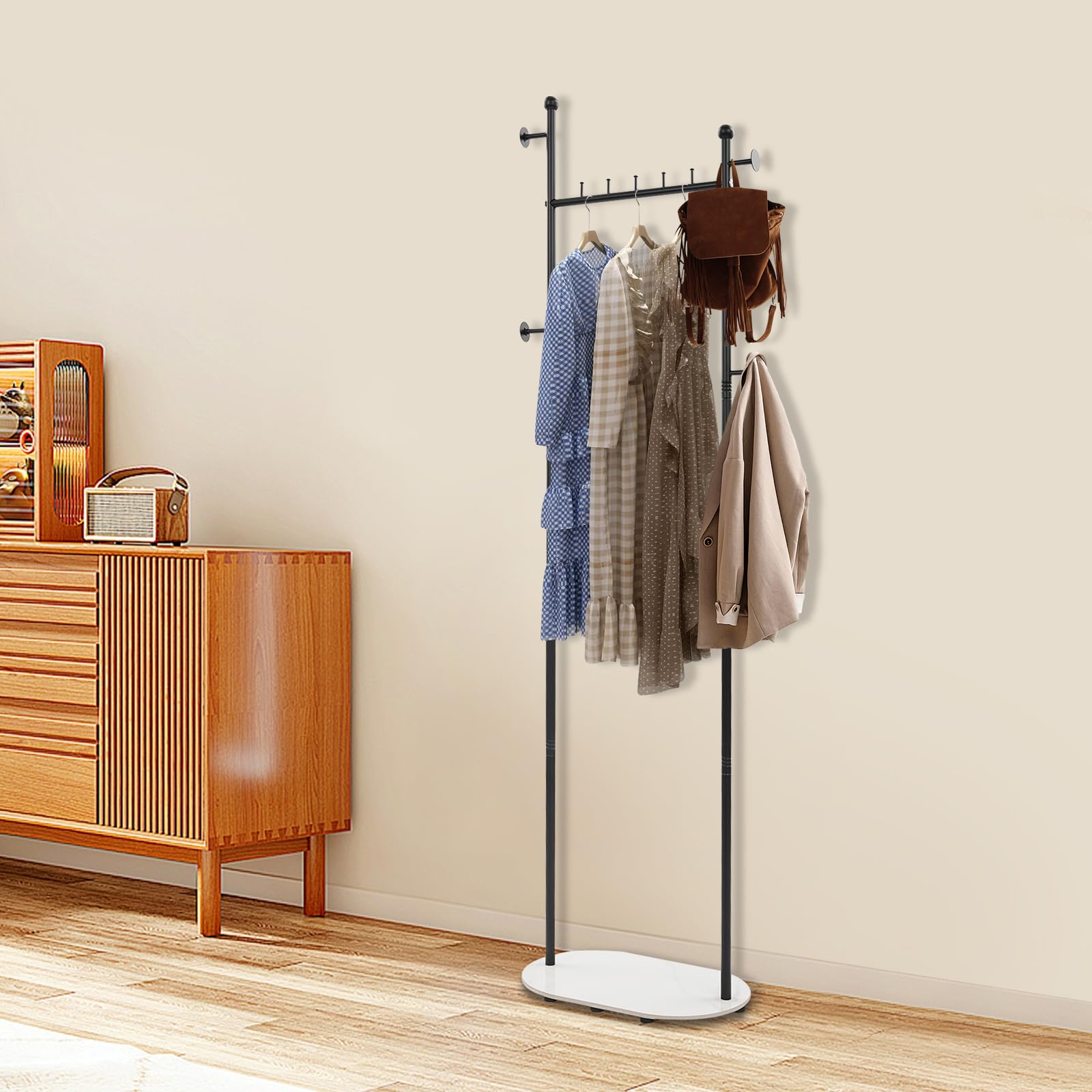 Freistehender Kleiderständer Garderobenständer, Schwarz | Kleiderstange Stabil, 5 Horizontale Haken, 4 Seitliche Haken, Für Kleidung, Hüte, Taschen