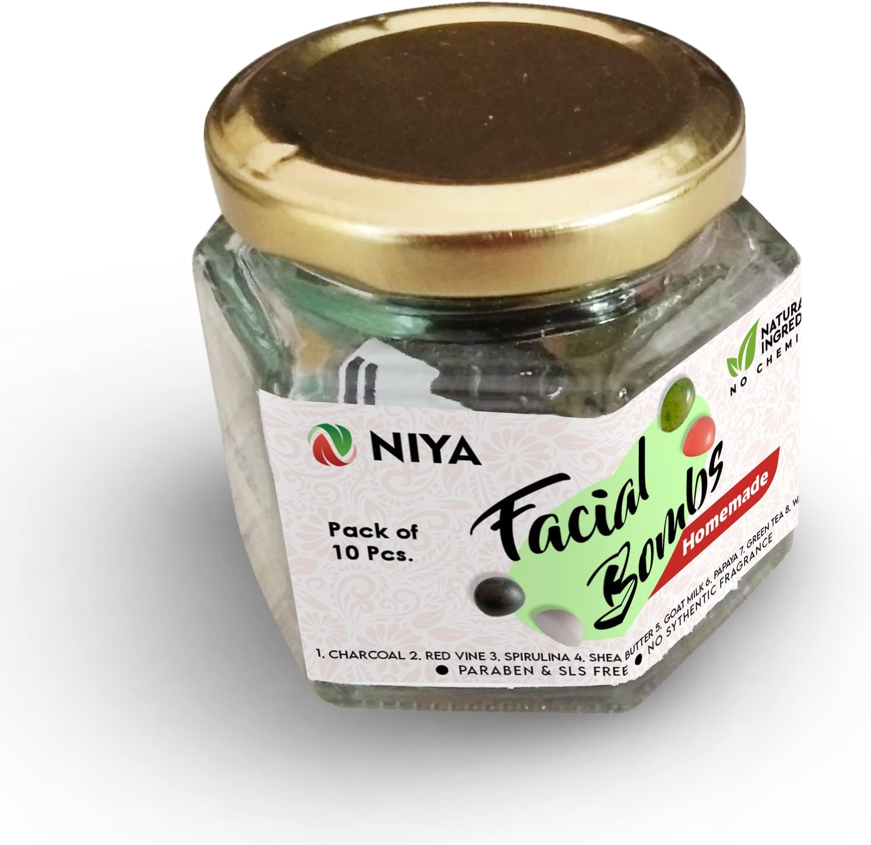 Niya Natural's Homemade Facial Bombs including different flavors for instant glow. Paraben and SLS free. 6 gm each (Pack of 10 Pcs in jar).